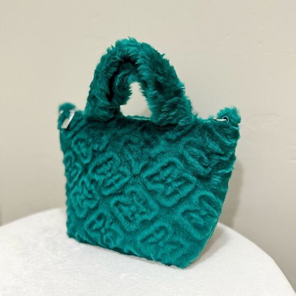 Turquoise Handmade Real Embossed Shearling Top Handle Bag, Fur Tote, Crossbody - Picture 5 of 14